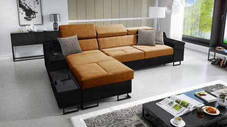 Narożnik z funkcją spania Alcamo miodowy / czarny lewostronny elegancki i stylowy narożnik z dostawką praktyczna szuflada w boczku mebla