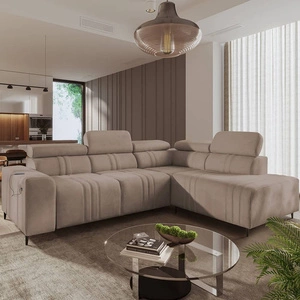 Narożnik z funkcją spania Castel VII jasny brąz prawostronny stylowy narożnik z pojemnikiem na pościel i regulowanymi zagłówkami