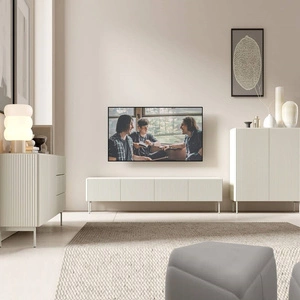 Zestaw mebli Muti beżowy designerska meblościanka do salonu efektowne ryflowania na frontach i korpusach mebli system push to open