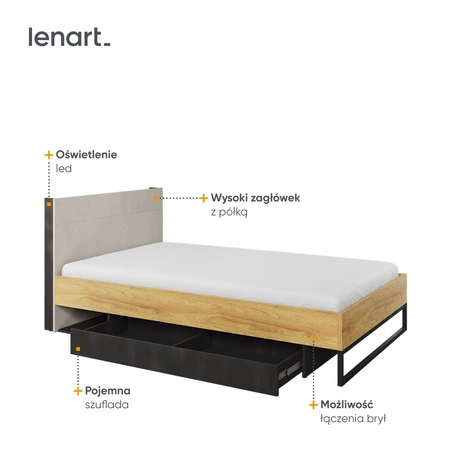 Łóżko Teen Flex 120x200 cm hikora naturalna / silk flou / raw steel komfortowe łóżko z podświetlanym zagłówkiem pojemna szuflada