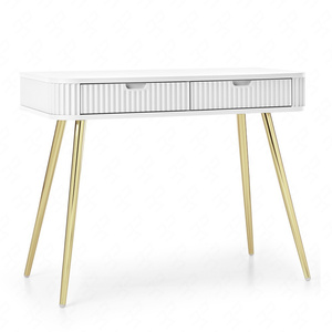 Konsola Zoya biała z szufladami stylowa oraz funkcjonalna toaletka zaoblony kształt bryły ryflowane fronty szuflad złote nogi