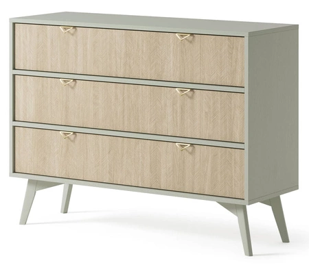 Komoda z szufladami Wald 106 cm eukaliptus / beż jodełka gustowny dekor jodełki na frontach pojemna komoda w stylu skandynawskim