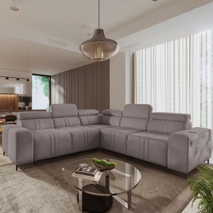 Narożnik z funkcją spania Castel III szary brąz prawostronny narożnik z dwoma pojemnikami na pościel regulowane zagłówki