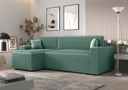 Narożnik z funkcją spania Brandon Bis patynowy lewostronny trójwymiarowa tkanina o wyrazistych prążkach pojemnik na pościel