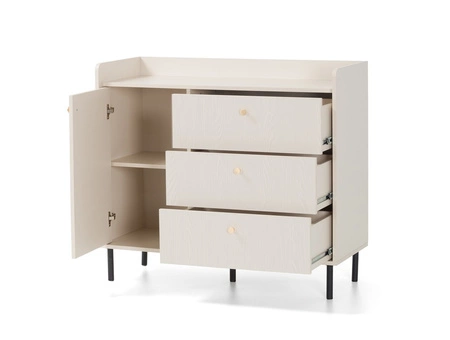Komoda z szufladami Ferdi 104 cm beż piaskowy estetyczna komoda do salonu osadzona na smukłych metalowych nogach wysokie ranty blatu