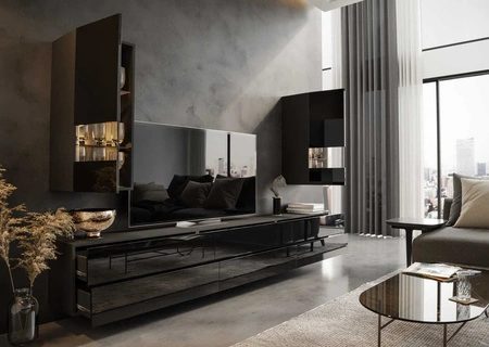 Meblościanka Pirgos czarna / czarny połysk minimalistyczny design meblościanka do salonu lub pokoju dziennego system push to open