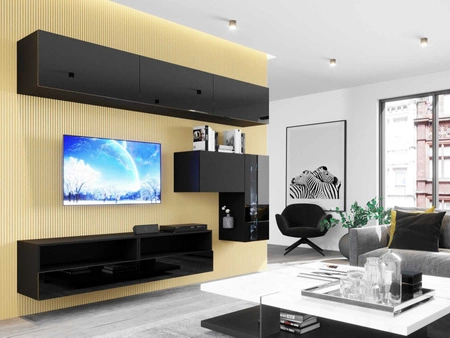 Meblościanka Patras czarna / czarny połysk modna i stylowa meblościanka tworzona na wzór geometrii proste kształty brył