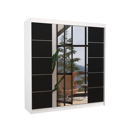 Szafa przesuwna z lustrem Dalmatia 200 cm biały / czarny solidne wykonanie stylowe wykończenie szafy do przedpokoju lub sypialni