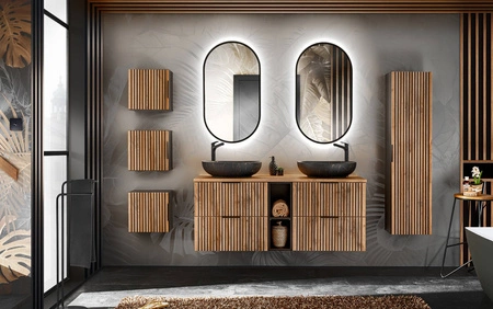 Szafka łazienkowa wisząca Xilo 35 cm czarny / dąb wotan stylowa szafka do łazienki z charakterystycznym pionowym ryflowaniem