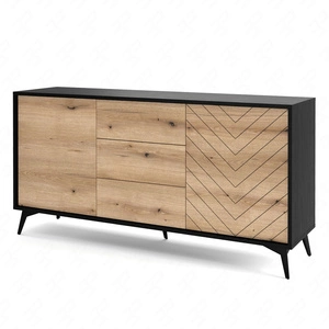 Komoda z szufladami Gusto 154 cm czarna / dąb evoke nowoczesny design mebla drzwi komody ozdobione dekorem jodełki