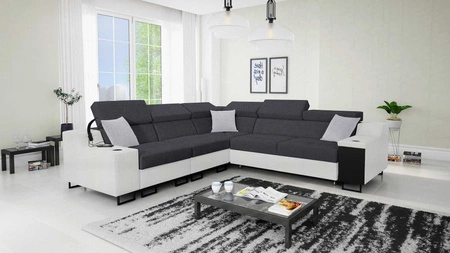 Narożnik z funkcją spania Alcamo III grafitowy / biały lewostronny funkcjonalny narożnik z szufladą w boczku dwa pojemniki na pościel