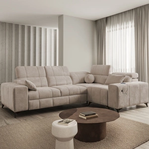 Narożnik z funkcją spania Penejos II ciemny beżowy prawostronny komfort podczas codziennego wypoczynku pojemnik na pościel