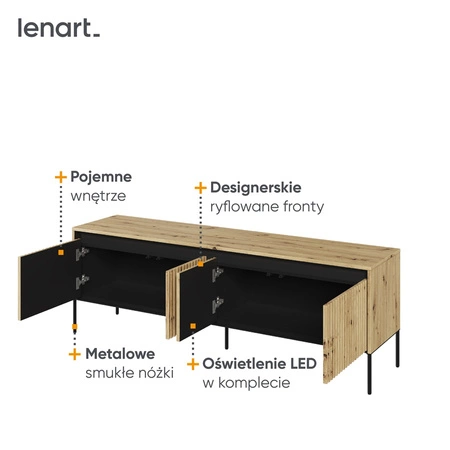 Szafka RTV Trend 167 cm dąb artisan praktyczna i stylowa szafka z ryflowanymi frontami wzbogacona o oświetlenie LED metalowa podstawa