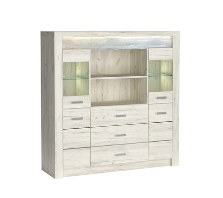 Komoda z szufladami Indiana 137 cm kraft biały gustowna stylistyka komody z przeszkleniem ozdobna deska na froncie komody oświetlona LED