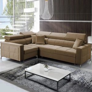 Narożnik z funkcją spania Nausa II jasny brąz lewostronny velvet dekoracyjne przeszycia na siedzisku narożnik z pojemnikiem na pościel