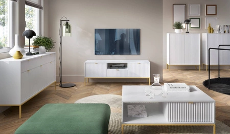 Komoda z szufladami Lovro 104 cm biała nowoczesny design zachwyci miłośników wyrazistych wnętrz komoda wzbogacona o złote dodatki