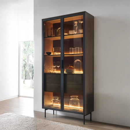 Witryna Lumi 92 cm dąb dunin designerska witryna szkło antisol wewnętrzne szuflady z systemem push to open oświetlenie LED