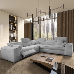 Narożnik z funkcją spania Viano III Lux jasny szary lewostronny nowoczesny narożnik z wysuwanym podnóżkiem pojemnik na pościel