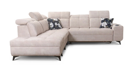 Narożnik z funkcją spania Buffalo IX kremowy lewostronny stylowy narożnik do pokoju wykonany z welurowej tkaniny ozdobne poduszki