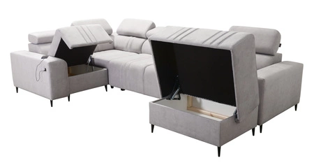 Narożnik z funkcją spania Castel IV szary popiel prawostronny stylowy narożnik z pojemnikami na pościel i regulowanymi zagłówkami