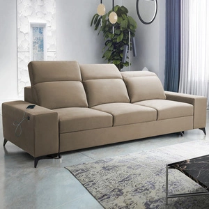 Sofa z funkcją spania Kelly ciemny beżowy stylowa sofa do salonu o prostym designie regulowane zagłówki welurowa tkanina