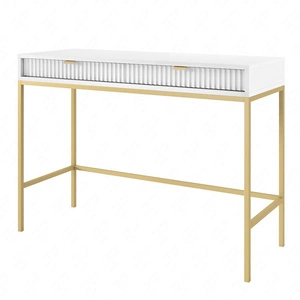 Konsola Lovro biała z szufladami stylowy oraz funkcjonalny mebel do przedpokoju salonu czy biura metalowy stelaż w złotym kolorze