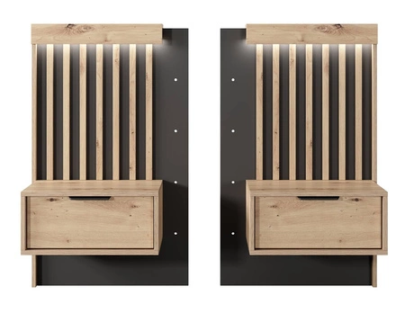 Łóżko Tipler 160x200 cm z pojemnikiem na pościel i szafkami nocnymi dąb artisan / antracyt tapicerowany zagłówek oświetlenie LED