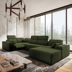 Narożnik z funkcją spania Tesalia IV Lux zielony prawostronny stylowy narożnik z wysuwanym podnóżkiem oraz funkcją przesuwanego oparcia