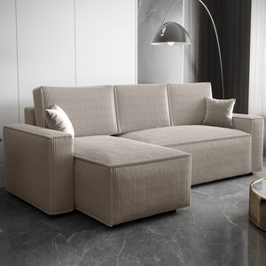 Narożnik z funkcją spania Nelo kość słoniowa lewostronny praktyczny i nowoczesny narożnik pokryty sztruksową tkaniną pojemnik na pościel