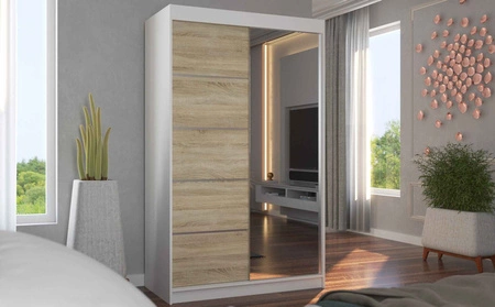 Szafa przesuwna z lustrem Nicea 120 cm biały / dąb sonoma jasny pojemna szafa z ozdobnymi listwami ergonomiczny układ wnętrza