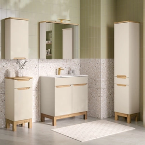 Zestaw mebli łazienkowych Bali beżowy / dąb wotan nowoczesne szafki do łazienki stylowe frezowane uchwyty stabilna podstawa