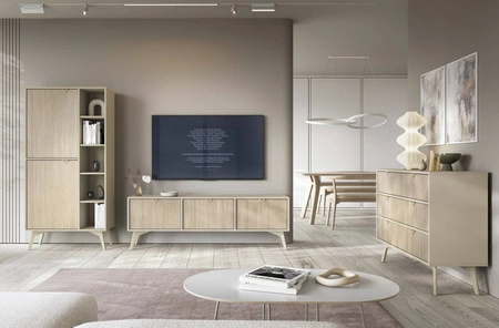 Szafka RTV Wald 158 cm beżowy / beż jodełka skandynawski design gustowny dekor jodełki na frontach eleganckie złote uchwyty