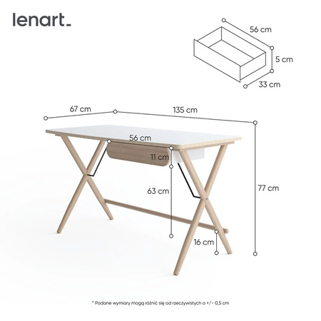 Biurko Match 135 cm biały / dąb jasny stylowe biurko z szufladą ergonomiczny blat subtelne połączenie funkcjonalności i elegancji