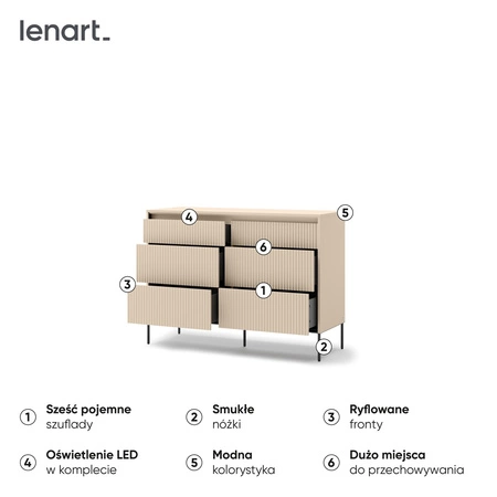 Komoda z szufladami Trend 130 cm beżowa pojemna komoda do sypialni o wyjątkowym designie ryflowane fronty z subtelnym oświetleniem