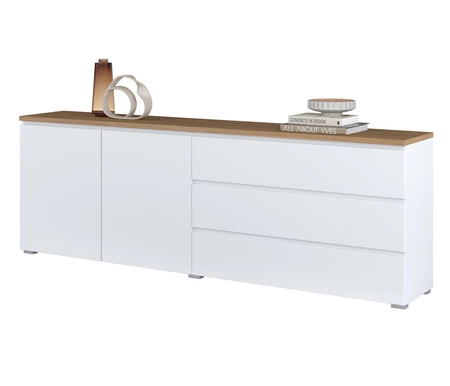 Komoda z szufladami Modo 200 cm biała / dąb mauvella prosta forma w nowoczesnym wydaniu idealna komoda do salonu lub sypialni frezowany uchwyt