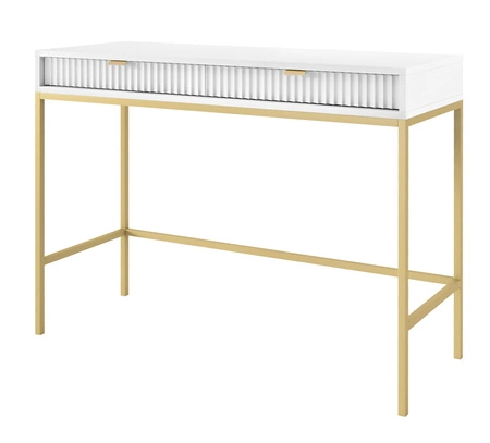 Konsola Lovro biała z szufladami stylowy oraz funkcjonalny mebel do przedpokoju salonu czy biura metalowy stelaż w złotym kolorze