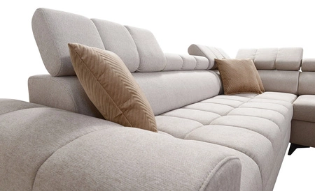 Narożnik z funkcją spania Bolmso III brązowy prawostronny narożnik z pojemnikami na pościel szuflada z pełnym wysuwem w boczku mebla