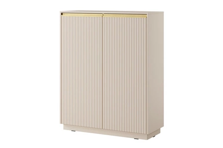 Komoda wysoka Imperial 104 cm beżowa elegancka stylowa komoda o wyjątkowym charakterze z frezowanymi frontami i złotymi uchwytami