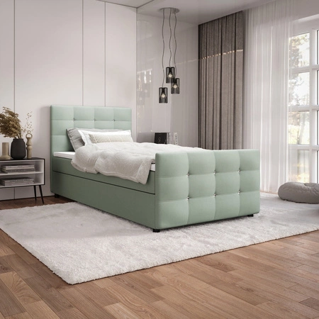 Łóżko kontynentalne Kansas 120x200 miętowe w nowoczesnym skandynawskim stylu z tapicerowanym zagłówkiem oraz zanóżkiem