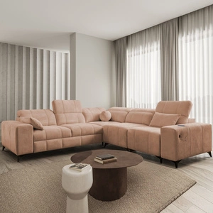 Narożnik z funkcją spania Penejos III łososiowy prawostronny niezwykle wygodny i komfortowy narożnik do salonu dwa pojemniki na pościel