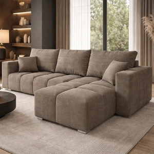 Narożnik z funkcją spania Linco ciemny beż uniwersalny nowoczesny narożnik do salonu strukturalna tkanina o ciekawej powierzchni