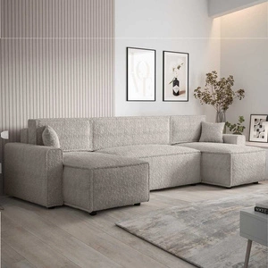 Narożnik z funkcją spania Brandon U Bis kremowy pojemnik na pościel podłokietniki tkanina o charakterystycznej pętelkowej powierzchni