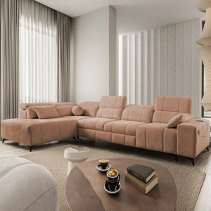 Narożnik z funkcją spania Penejos XI łososiowy lewostronny wygodny narożnik z regulowanymi zagłówkami i dwoma pojemnikami na pościel