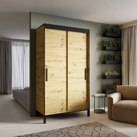 Szafa przesuwna Brig 120 cm dąb artisan / czarny ciekawy design funkcjonalna szafa do przedpokoju idealna do wnętrz w stylu loftowym