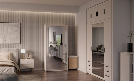 Szafa Rene 90 cm beż piaskowy stylowy design prosta forma idealna szafa z lustrem do sypialni lub przedpokoju obrzeża wykończone ABS