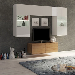 Meblościanka Apulia X biały połysk / dąb złoty wyjątkowo stylowa meblościanka proste bryły wpisujące się w każde wnętrze