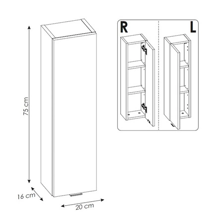 Szafka łazienkowa wisząca Capri 20 cm biały połysk stylowa szafka z półkami front wzbogacony metalowym uchwytem krawędziowym