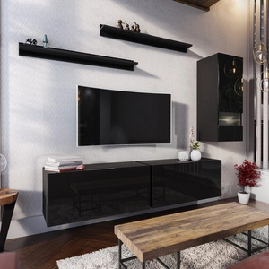 Meblościanka Merida czarny połysk idealna dla miłośników nowoczesnych aranżacji przystosowana do powieszenia na ścianie