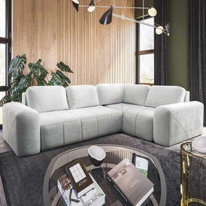 Narożnik z funkcją spania Bovec II ecru prawostronny komfortowy narożnik rozkładany o stylowym charakterze pojemnik na pościel