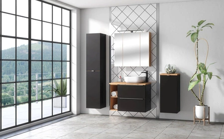 Szafka pod umywalkę Capri 60 cm czarna nowoczesny design szafki do łazienki z szufladami metalowy uchwyt krawędziowy